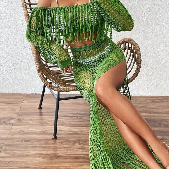 Green Sexy Women's Crochet Hollow Fringe Hem Cover Up Tops - Picture 4 of 6